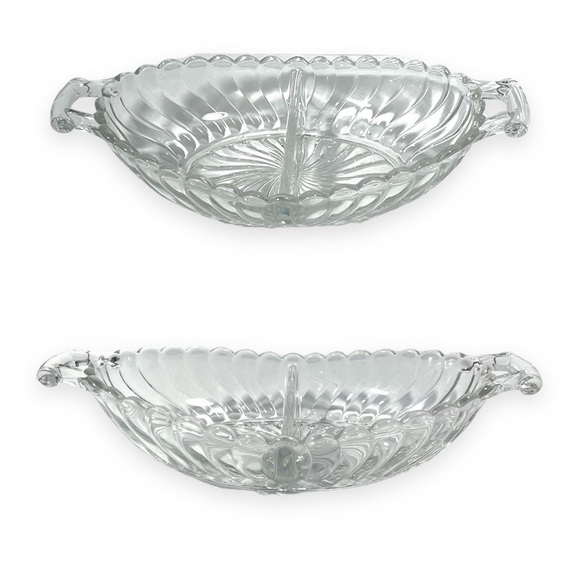 Vintage Fostoria Handled Divided Two Part Relish Celery Dish Clear‎ Glass - Picture 2 of 5